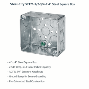 Steel City 52171 4 inch pre galvanized steel square box 2-1/8 inch deep with eccentric knockouts
