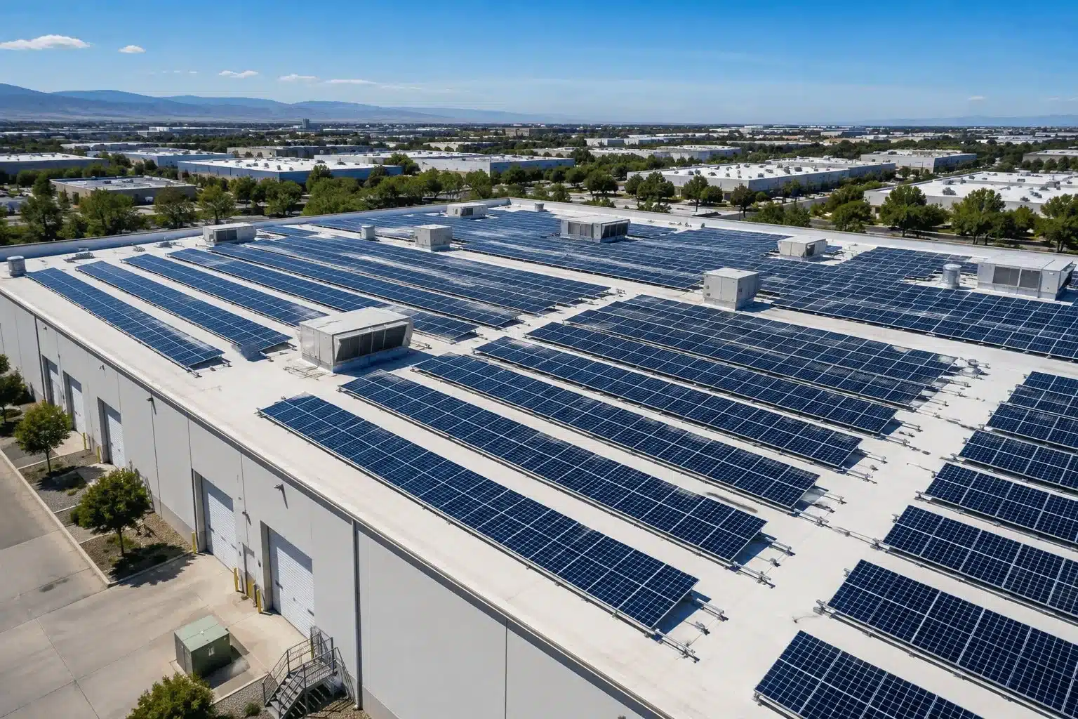 Commercial rooftop solar panel array with cable management systems