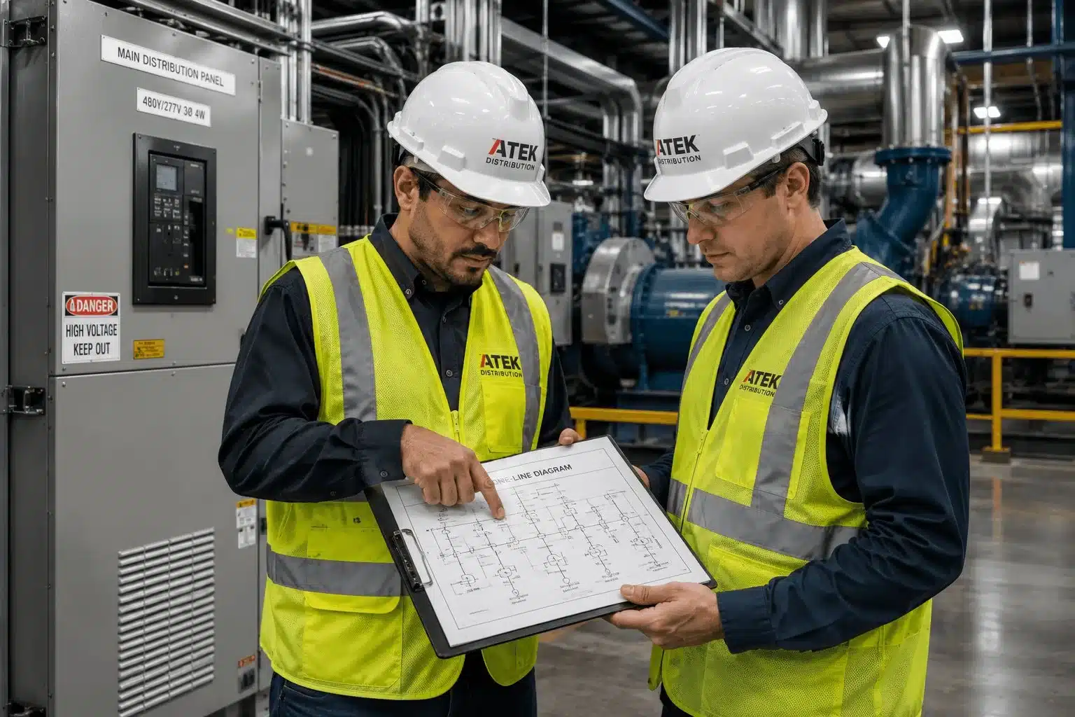 Project manager reviewing electrical project specifications and delivery timeline