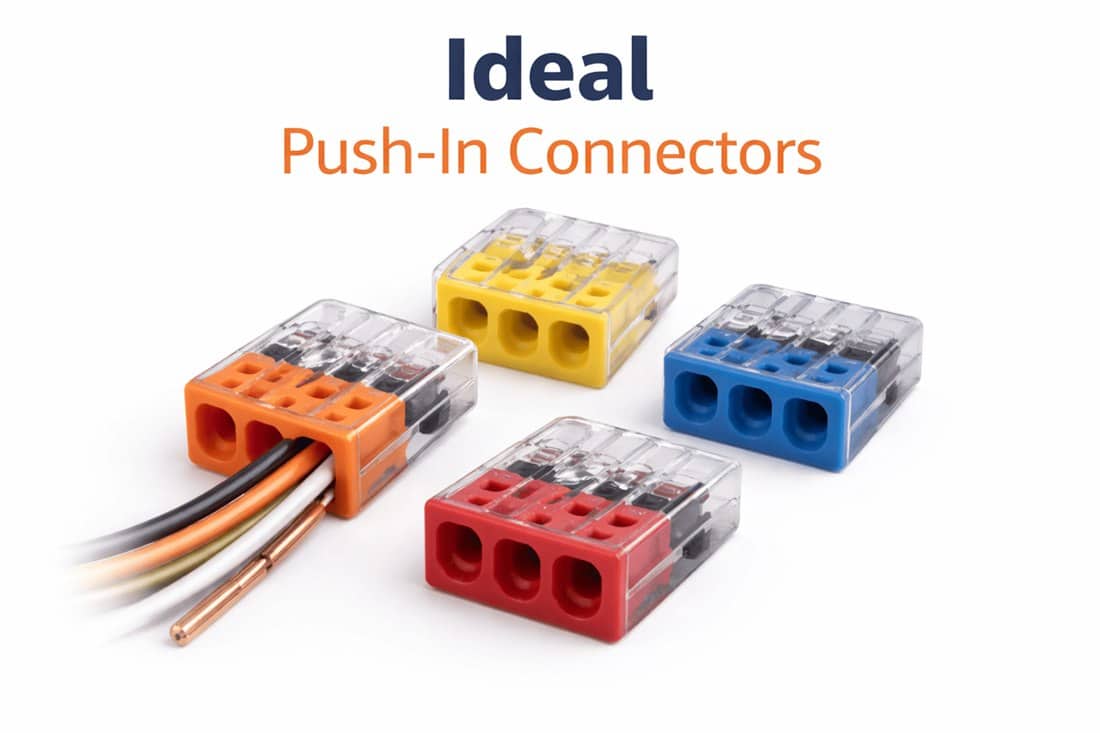 Ideal push-in wire connectors in yellow, red and grey for fast termination in tight junction boxes