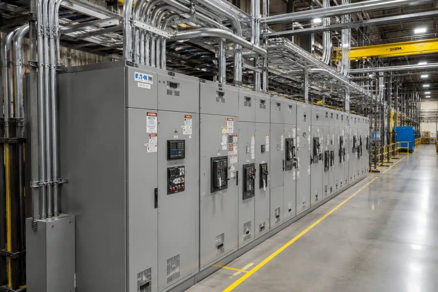 Industrial switchgear and distribution panels in an electrical room