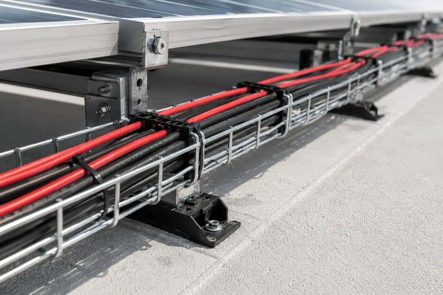 Solar wiring management and cable routing components on a rooftop array