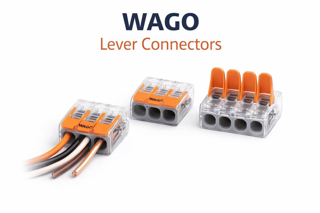 WAGO lever connectors with orange levers and transparent housings terminating solid copper conductors