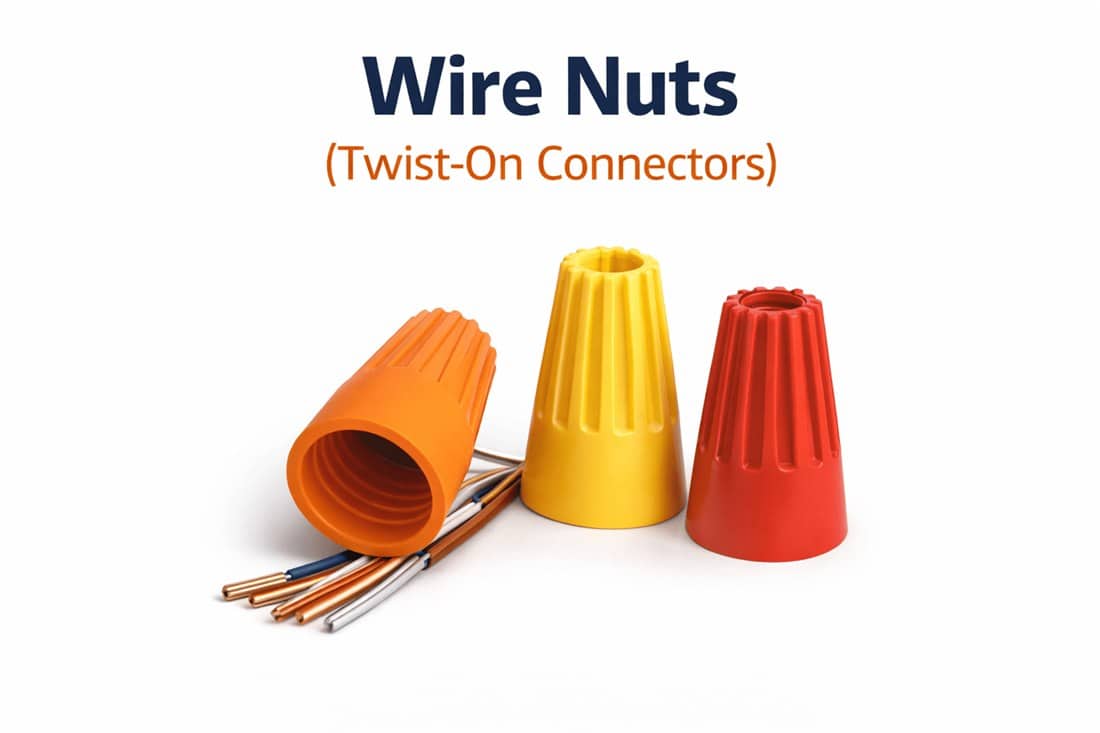 Orange, yellow and red wire nuts (twist-on connectors) with stripped copper conductors