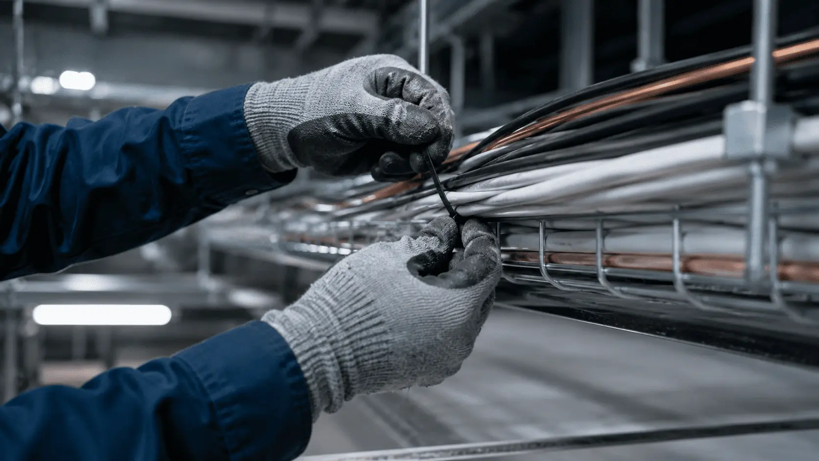 Gloved hands securing bundled cable to a cable tray with a listed cable tie
