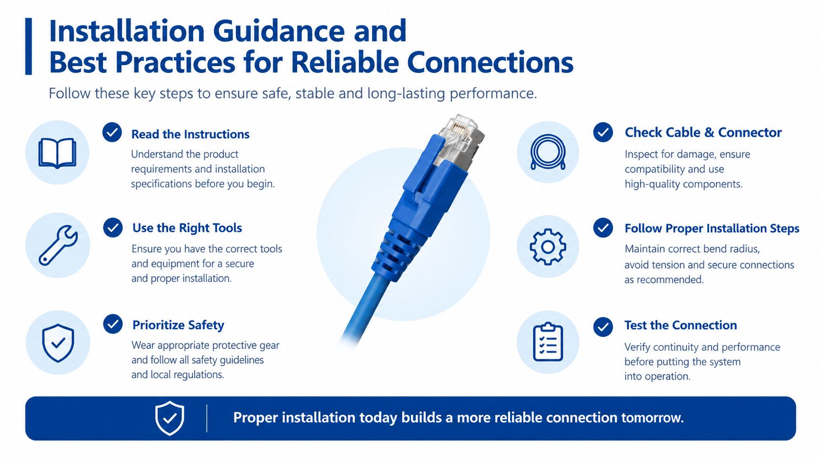 An infographic detailing essential installation guidance and best practices for ensuring reliable network cable connections.
