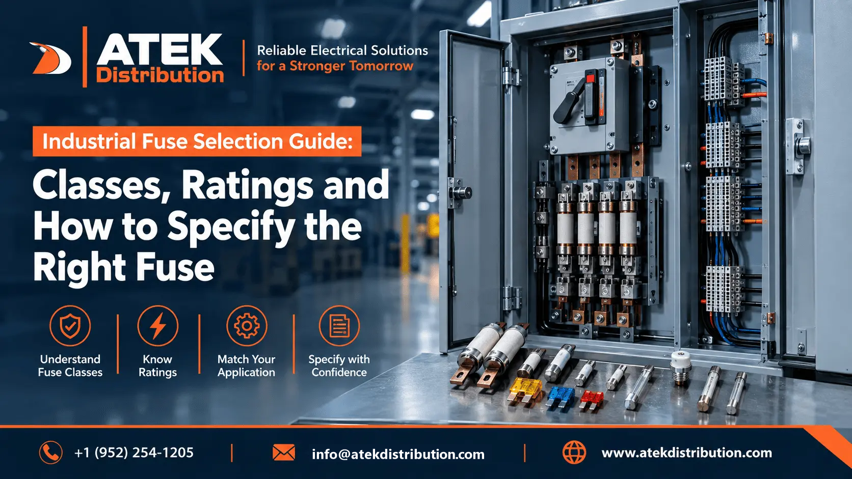 Industrial fuses on a dark blue background with ATEK Distribution contact details
