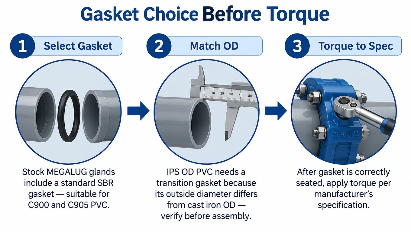 A three-step technical guide for selecting and installing the correct gasket for MegaLug pipe joints.