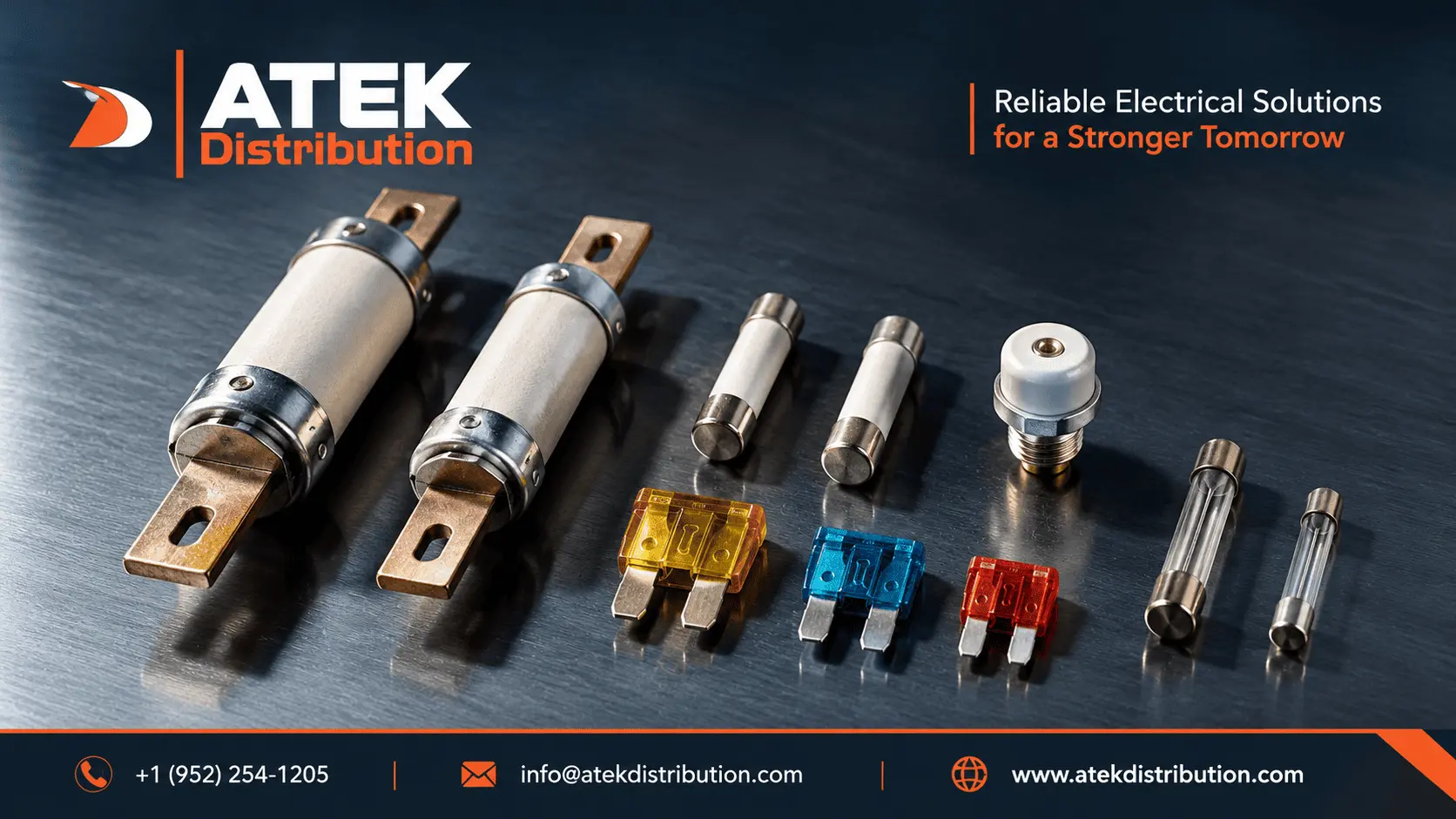 Cartridge, blade, plug and glass fuses of different types arranged on a steel workbench