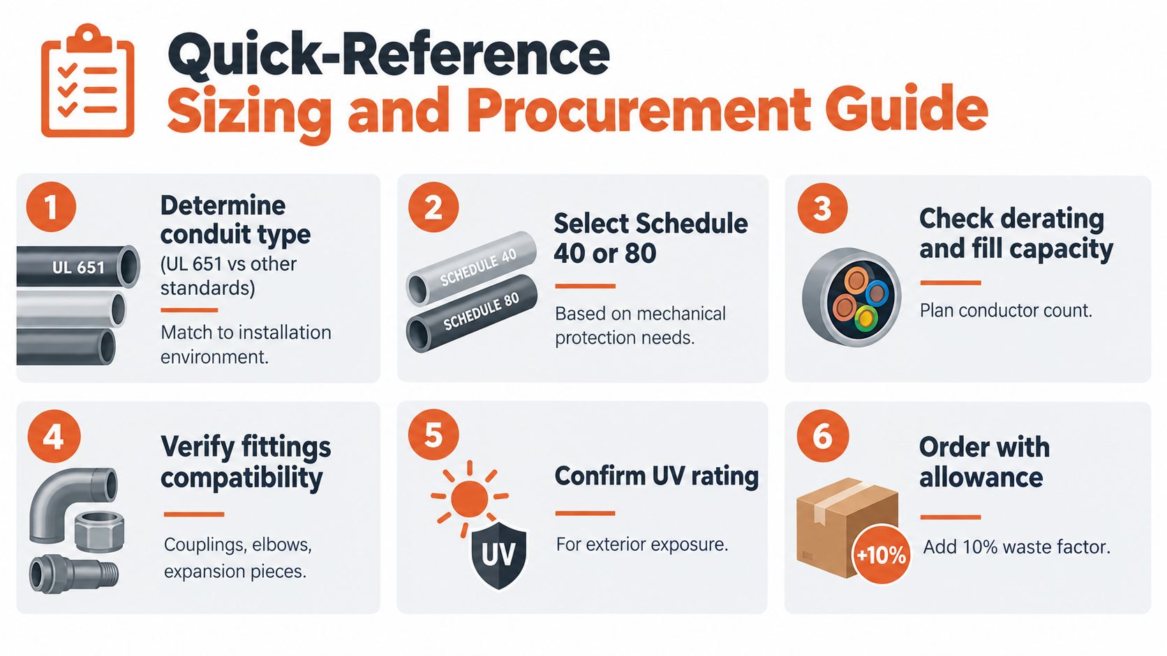 A six-step quick-reference guide for sizing and procuring electrical PVC conduits for construction projects.