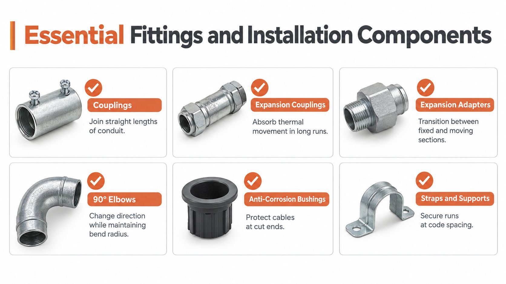 A visual guide showing various essential conduit fittings and installation components like couplings, elbows, and straps.