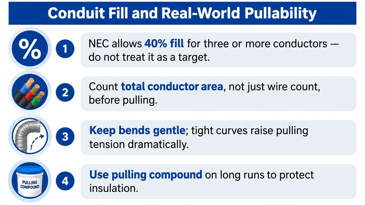 An infographic detailing four professional tips for conduit fill and easier cable pulling during electrical installations.