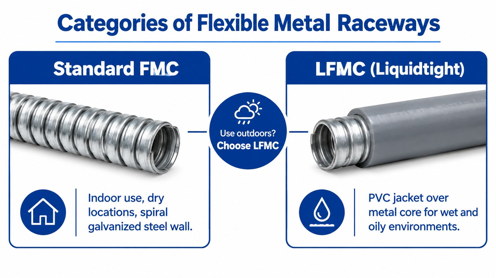 A comparison guide showing standard flexible metal conduit for dry indoor areas versus liquidtight conduit for outdoors.