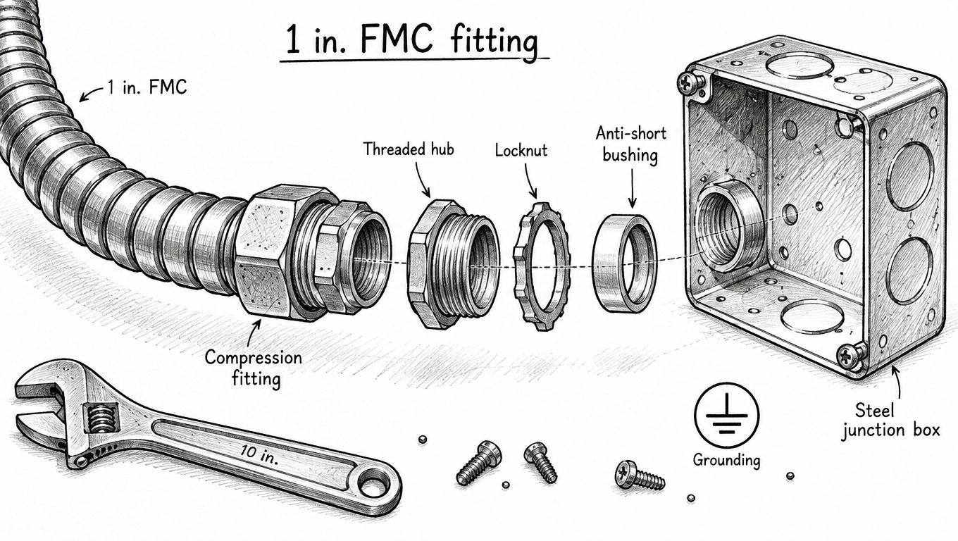 Exploded view diagram showing components for installing a 1 inch flexible metal conduit fitting into a junction box.
